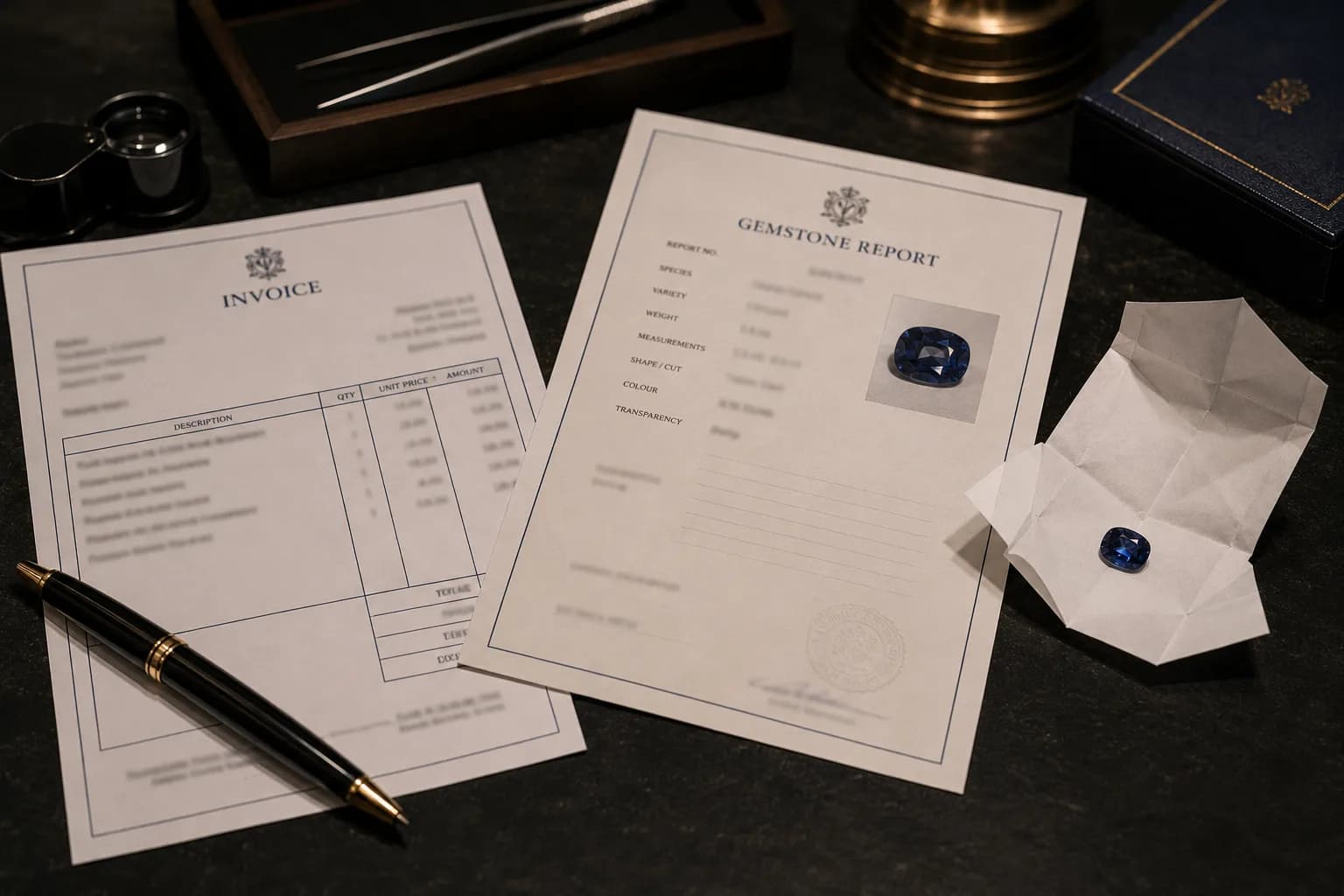 Generic unreadable invoice and gemstone report laid out with a folded stone parcel and pen on dark stone