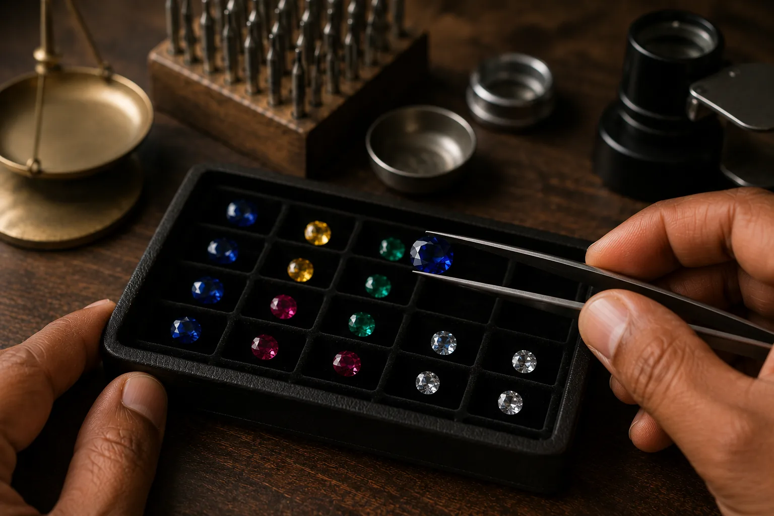 A selection of faceted coloured sapphires on a dark gem tray, one lifted in tweezers