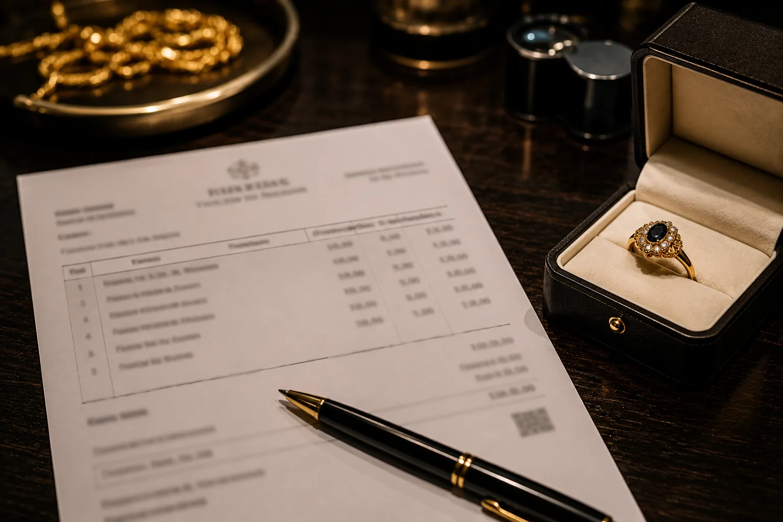 An unreadable itemised invoice with a pen beside a boxed sapphire and gold ring