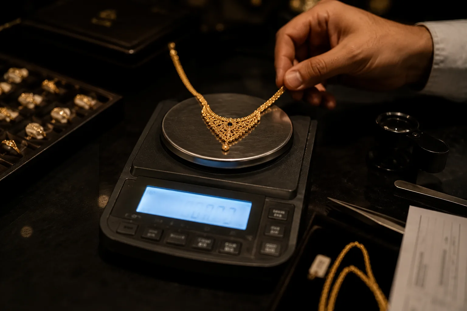A gold necklace being placed on a digital jeweller’s scale by hand, display glowing softly