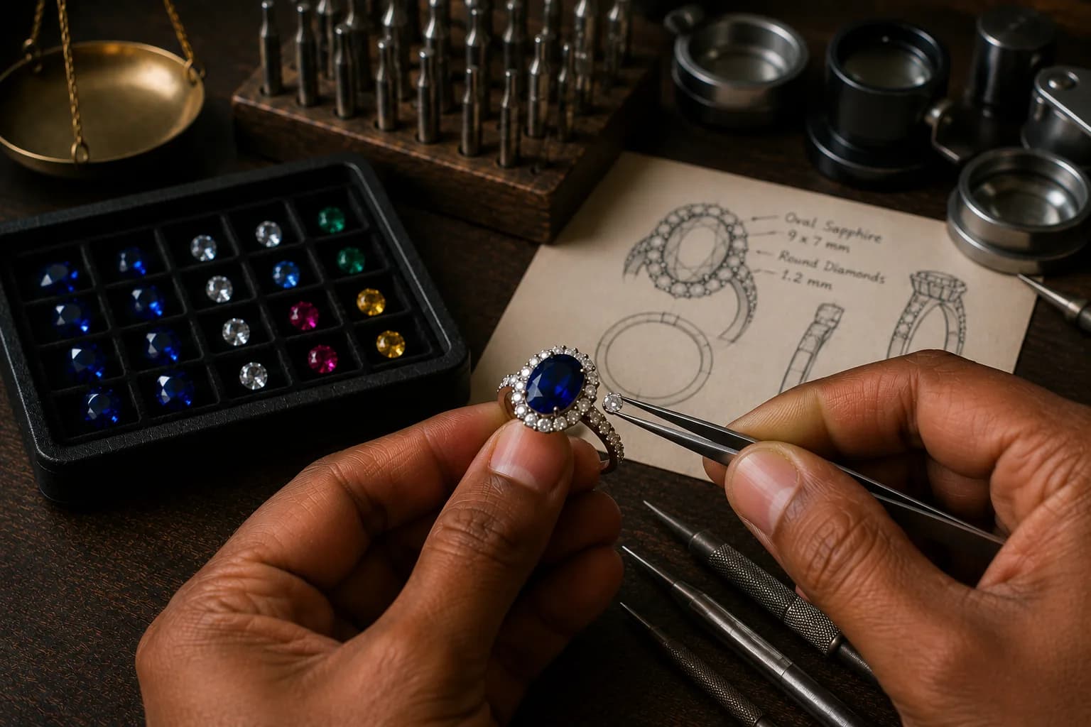 Design sketch for an oval sapphire ring beside the finished ring and setting tools