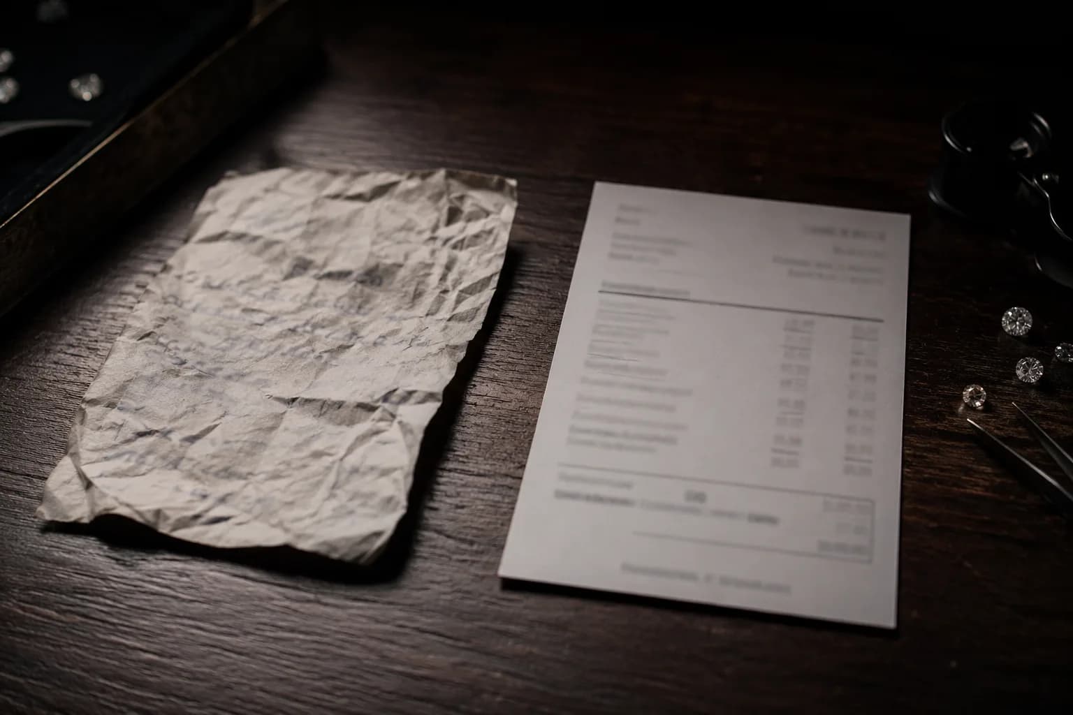A crumpled handwritten note beside a crisp itemised invoice on a dark desk, all writing unreadable