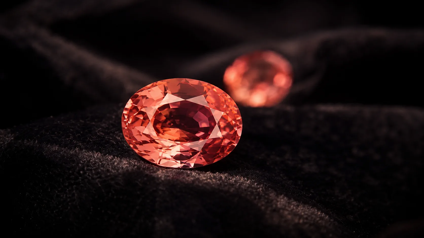 Oval padparadscha sapphire in pinkish orange on dark velvet with a second stone blurred behind