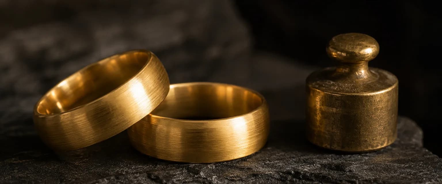 Two brushed gold wedding bands beside a brass calibration weight, illustrating gold purity and weight in Sri Lankan pricing