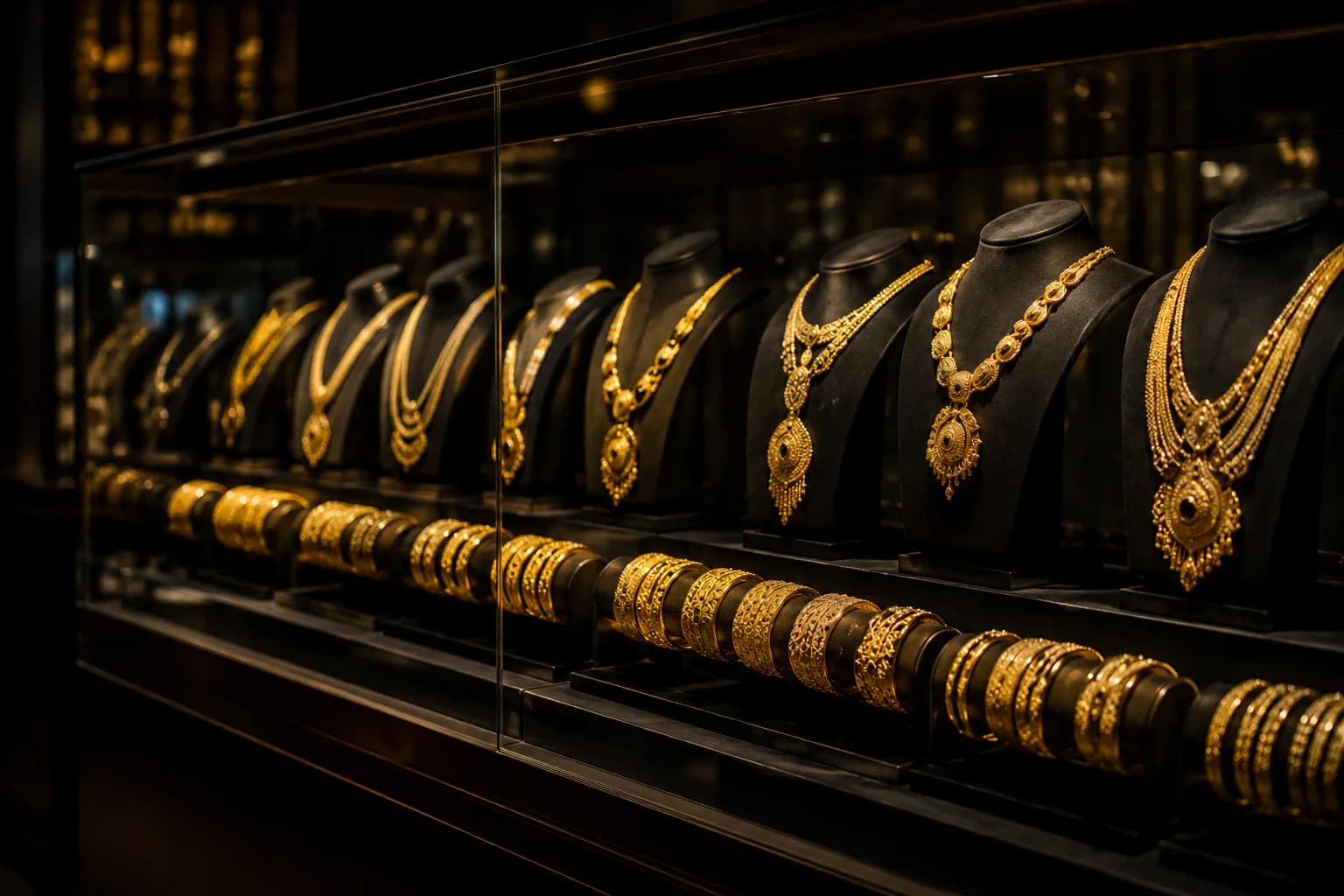 Rows of ornate gold necklaces on dark display busts above stacked gold bangles in a dimly lit jewellery showcase