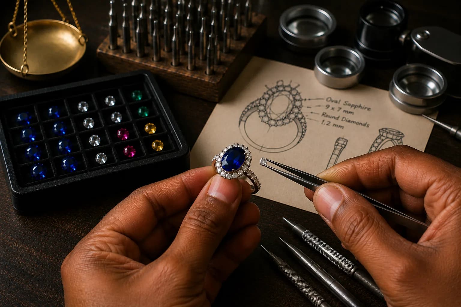 A jewellery design sketch beside a sapphire halo ring in progress on the workbench