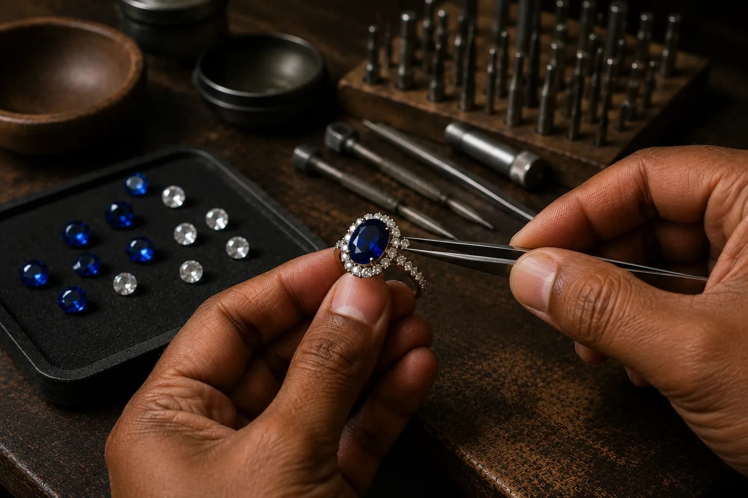 A jeweller holding a sapphire halo ring above a tray of loose stones at the bench