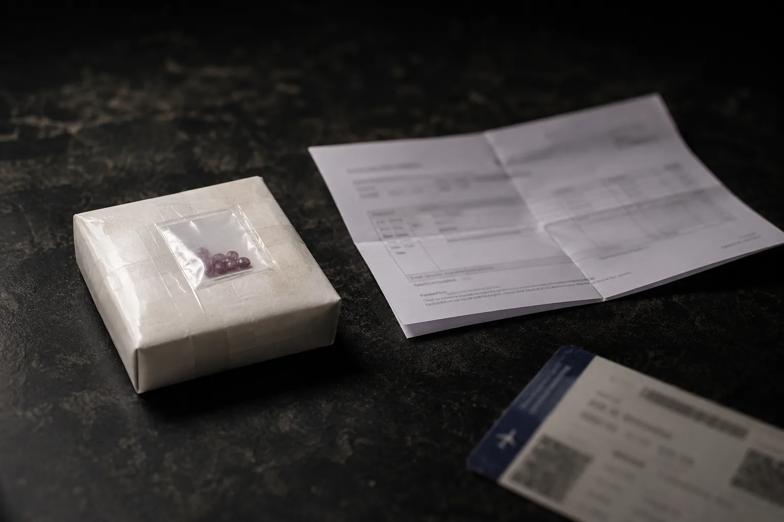 A small sealed gem parcel with stones visible in its window, beside a folded unreadable invoice and a blurred boarding-pass-shaped paper