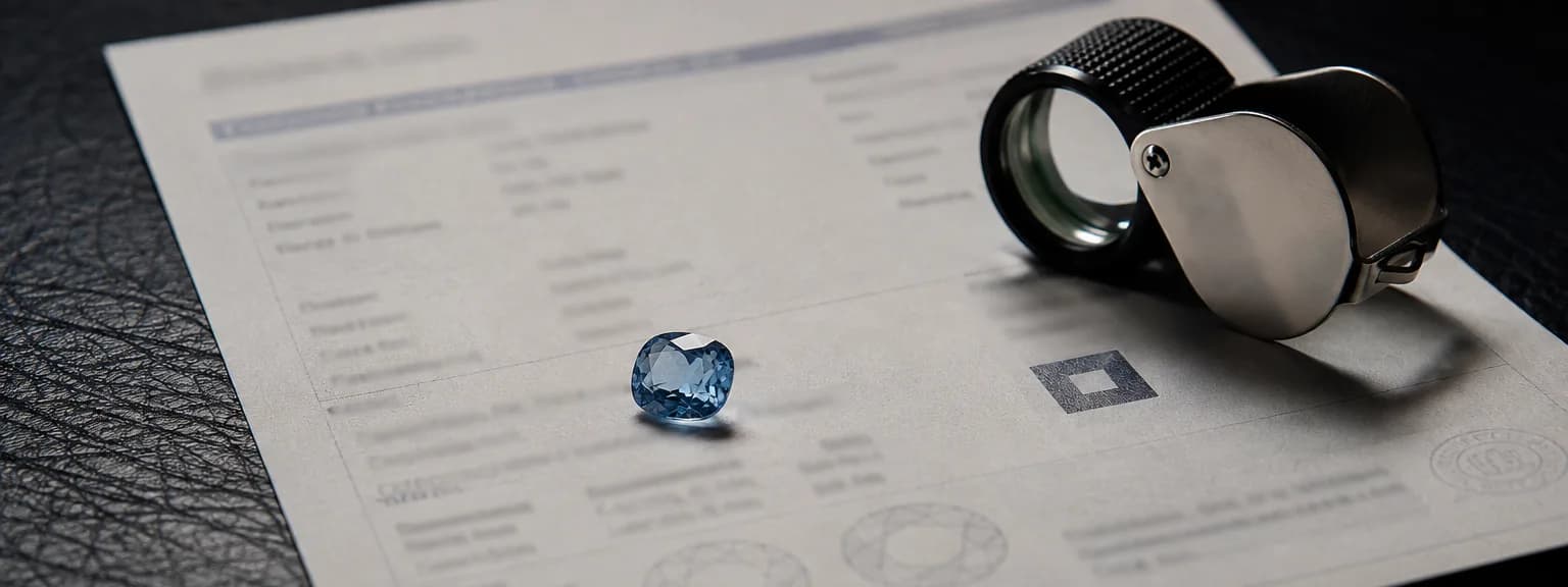 Generic unreadable gemstone report with a loose pale-blue sapphire and a folding loupe resting on it