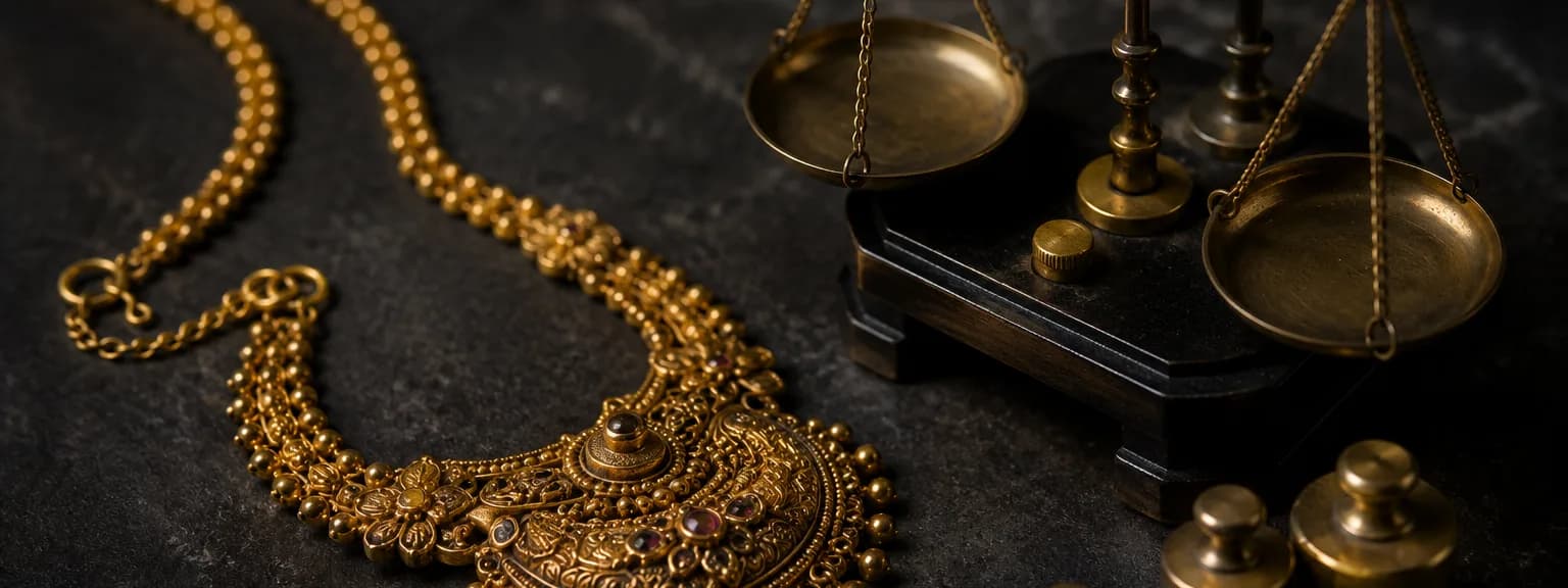 Antique gold necklace beside a brass balance scale and calibration weights on dark stone