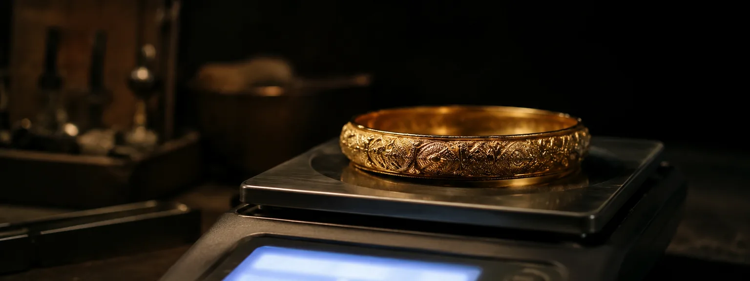 Engraved gold bangle being weighed on a digital jeweller’s scale with a softly glowing display