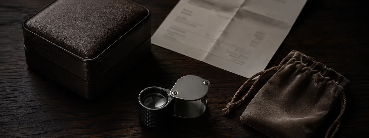 Closed leather ring box, folded unreadable receipt, jeweller’s loupe and velvet pouch laid out on dark wood