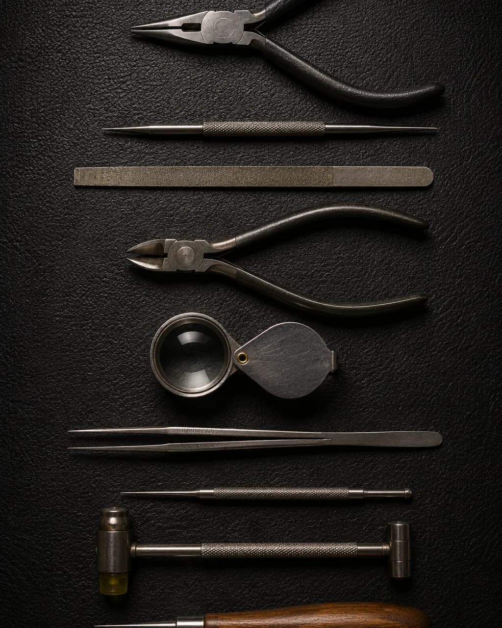 Jeweller’s hand tools · pliers, files, a folding loupe, tweezers and a small hammer · laid out on black leather