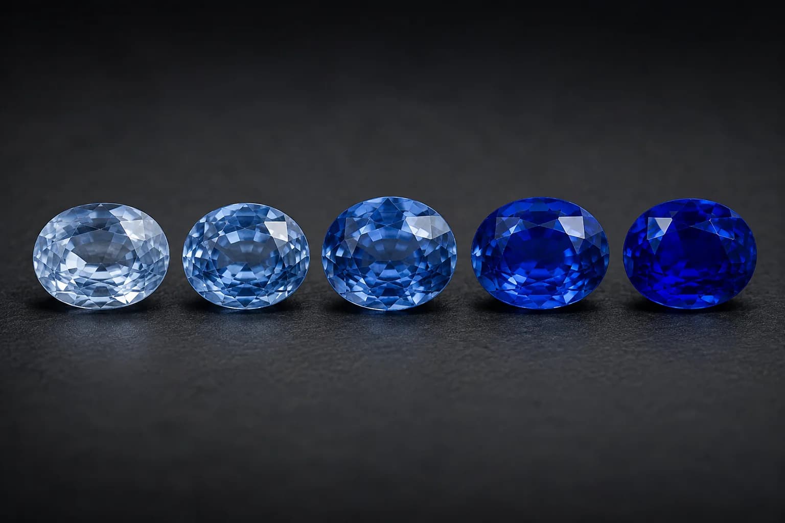 Five oval blue sapphires in a row from palest sky blue to deep royal blue on dark grey