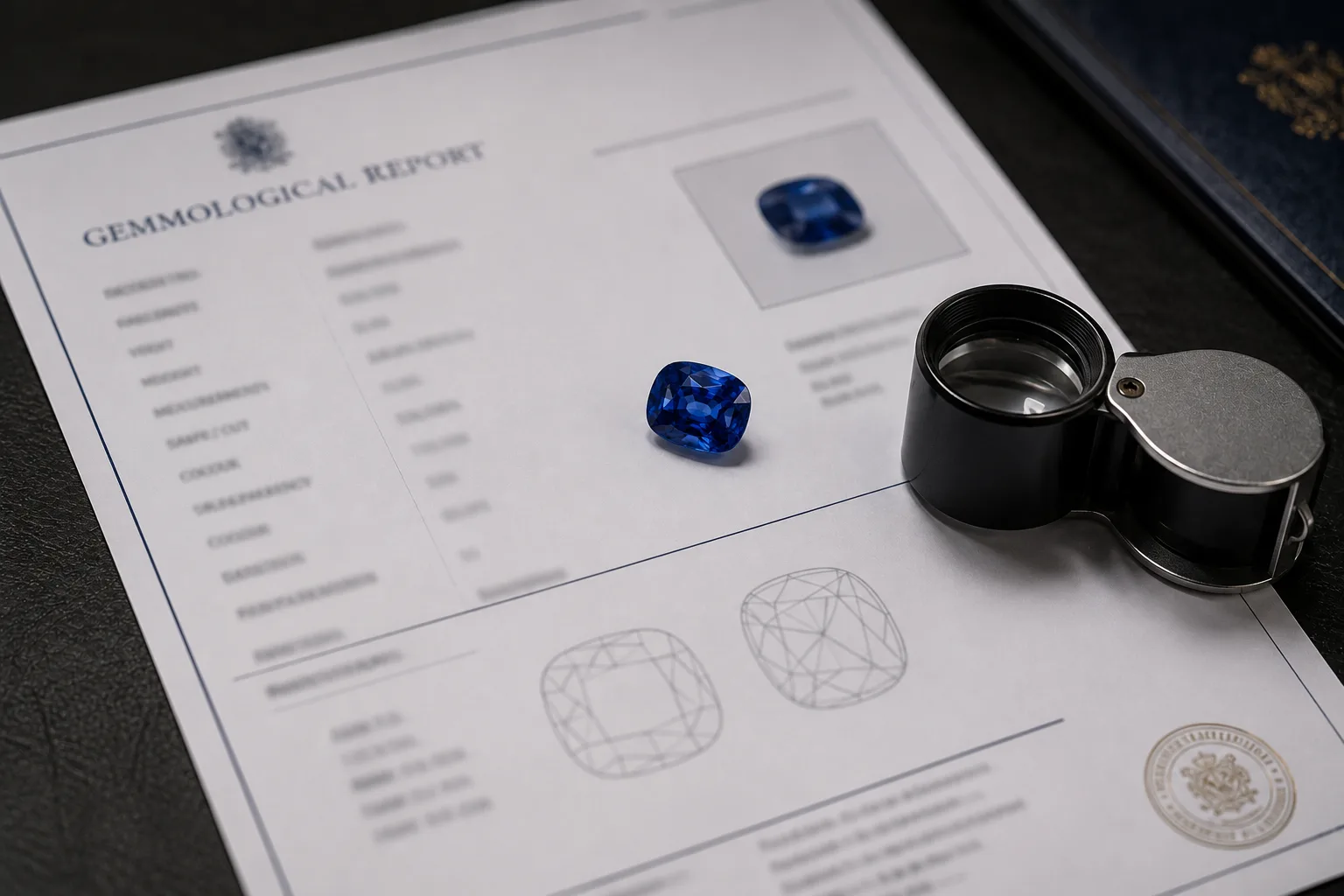 A loose blue sapphire on a generic unreadable gemmological report beside a folding loupe