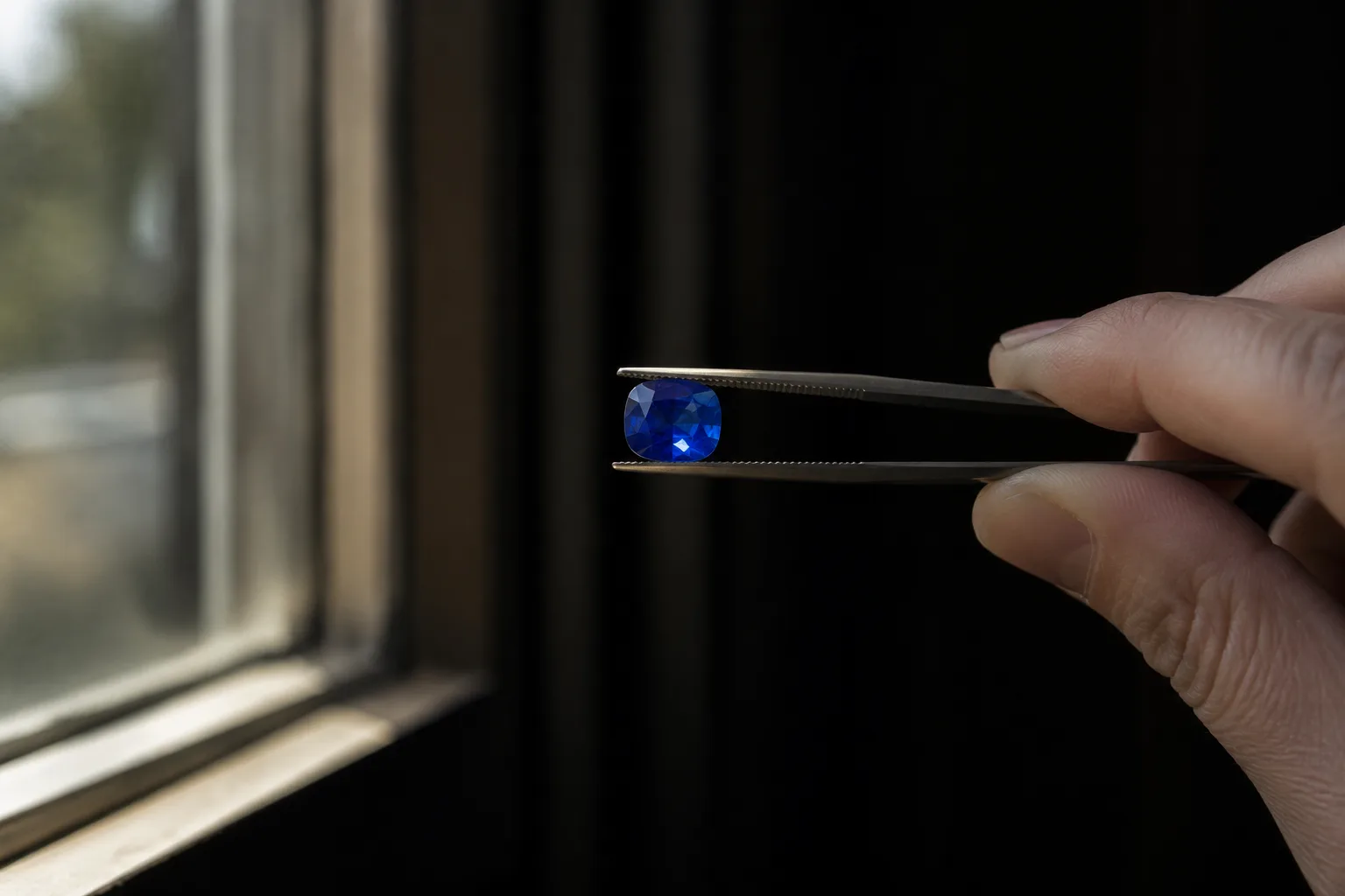 A blue sapphire held in tweezers near a bright window, daylight passing through the stone