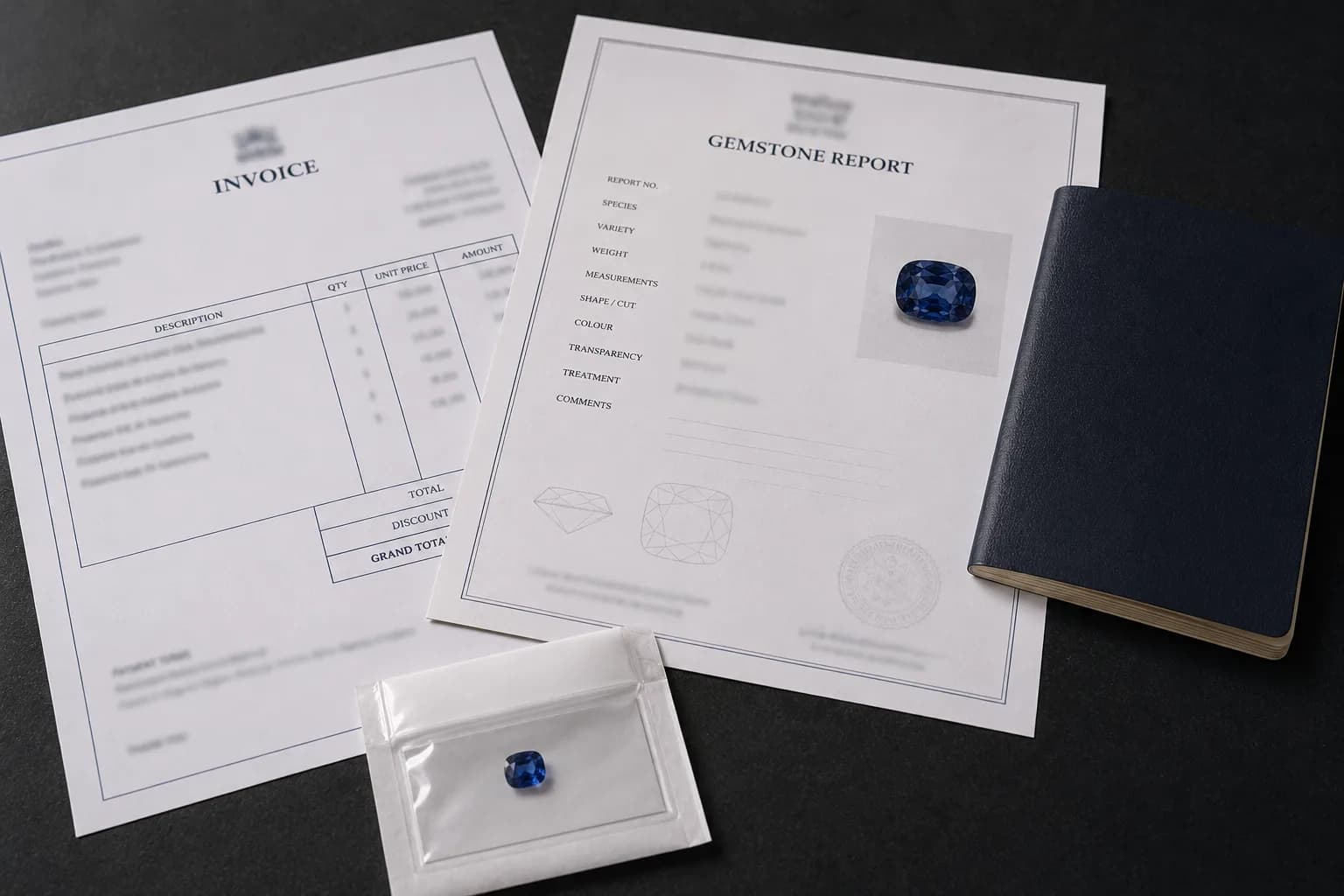 Generic unreadable invoice and gemstone report beside a plain dark passport and a sealed stone parcel
