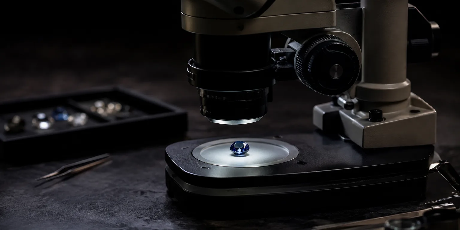 Gemmological microscope with a loose blue sapphire lit on its stage plate in a dark laboratory