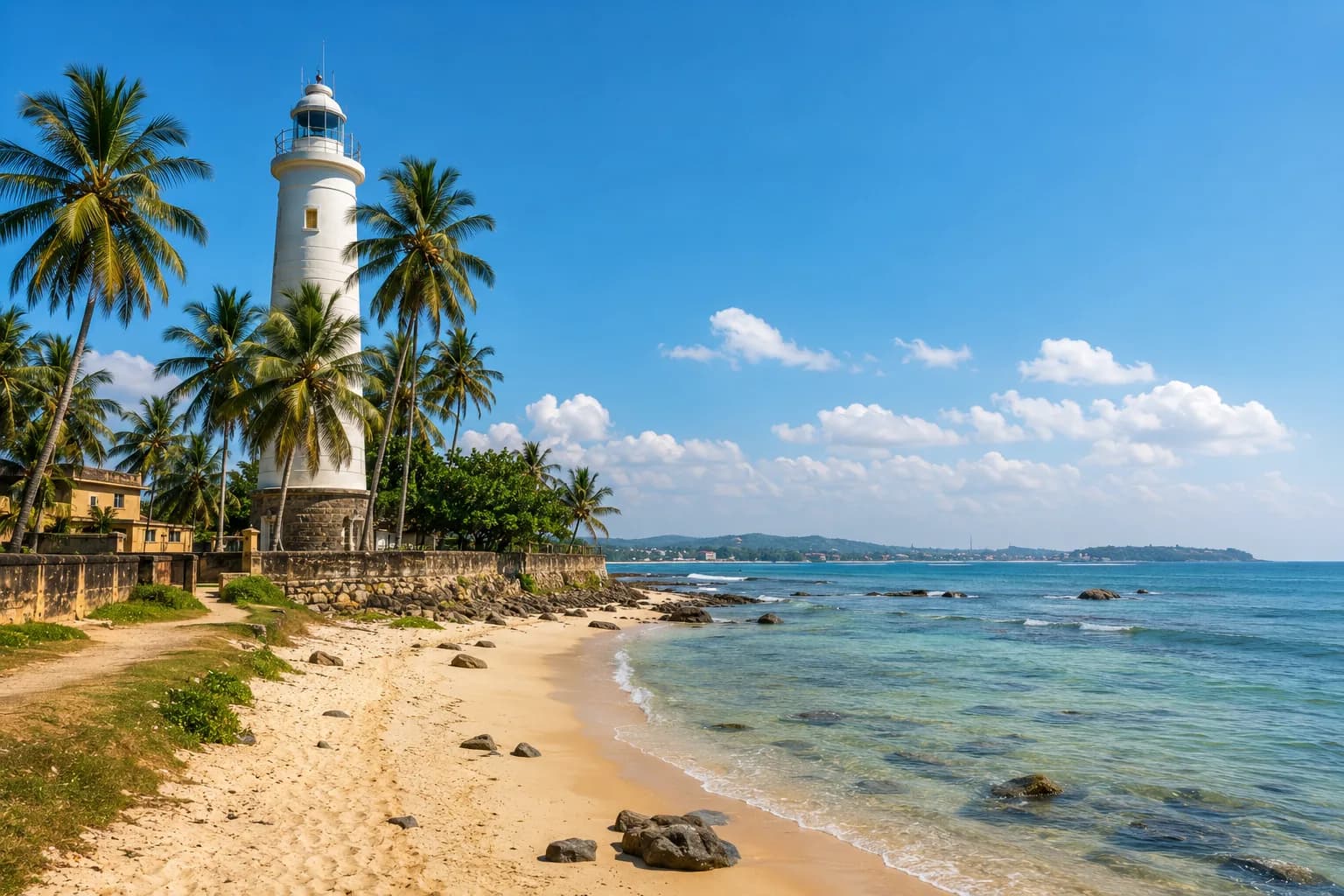 The white lighthouse and palm-lined beach at Galle