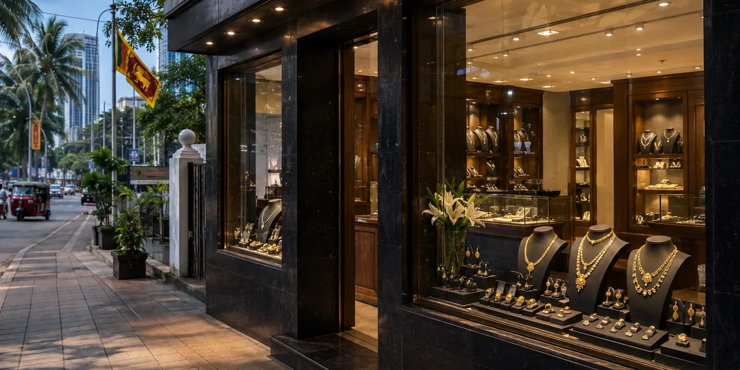 Jewellery shop window with gold necklaces on a tree-lined city street