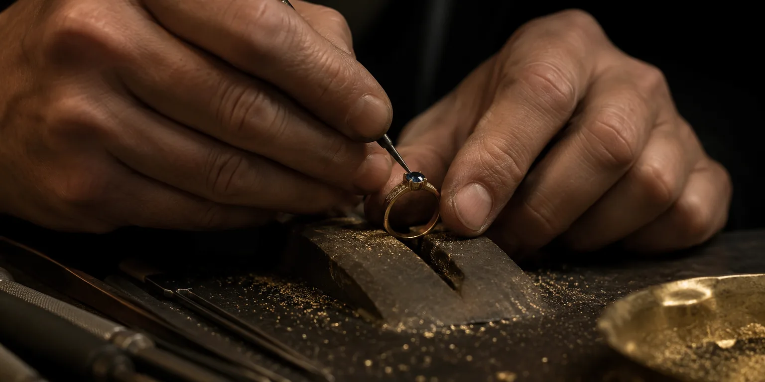 Goldsmith’s hands setting a small blue stone into a gold ring at a dark workbench dusted with gold filings