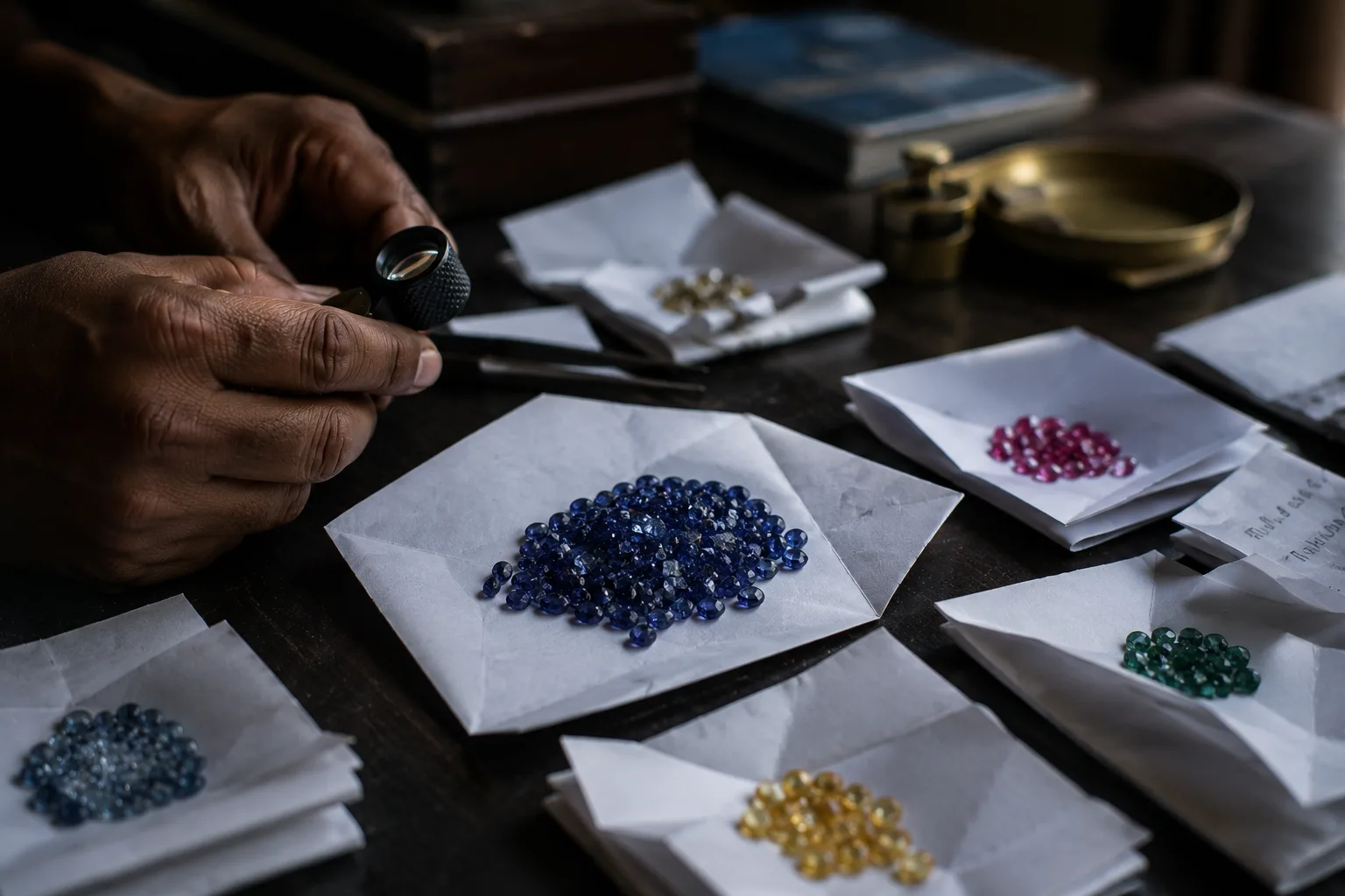 Hands holding a loupe over folded white gem papers with parcels of blue, pink, yellow and green stones on a dark table
