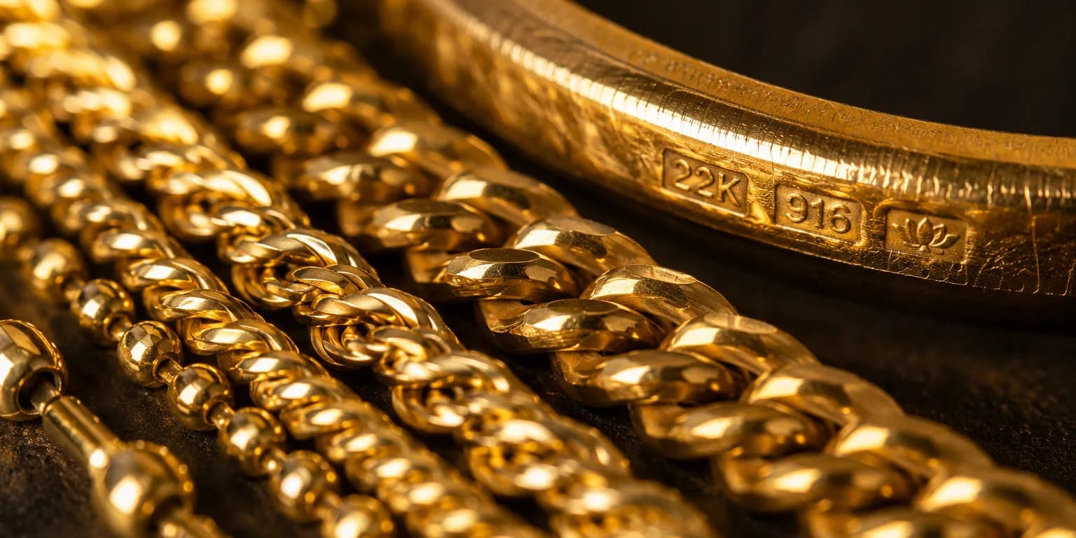 Gold hallmarks in Sri Lankan jewellery: bangle edge stamped 22K and 916 beside gold chains, macro