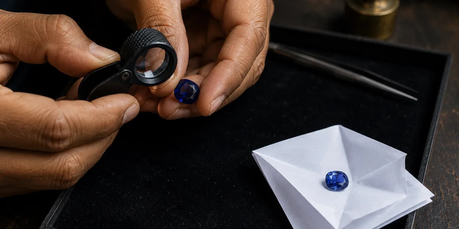 Hands examining a deep blue cushion-cut stone with a loupe over a black tray, a second stone on a folded gem paper below