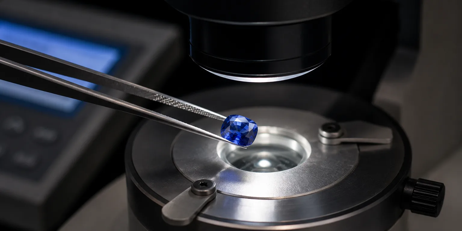 Tweezers holding a cushion-cut blue sapphire above the lit stage of a gemmological instrument