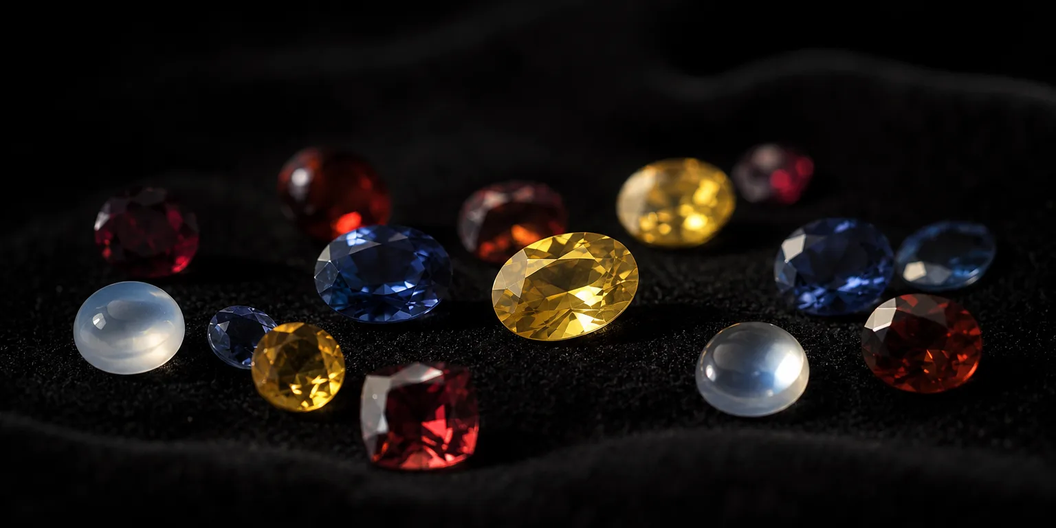 Assorted cut gems on black velvet · blue and yellow sapphires, red and orange stones and pale moonstone cabochons