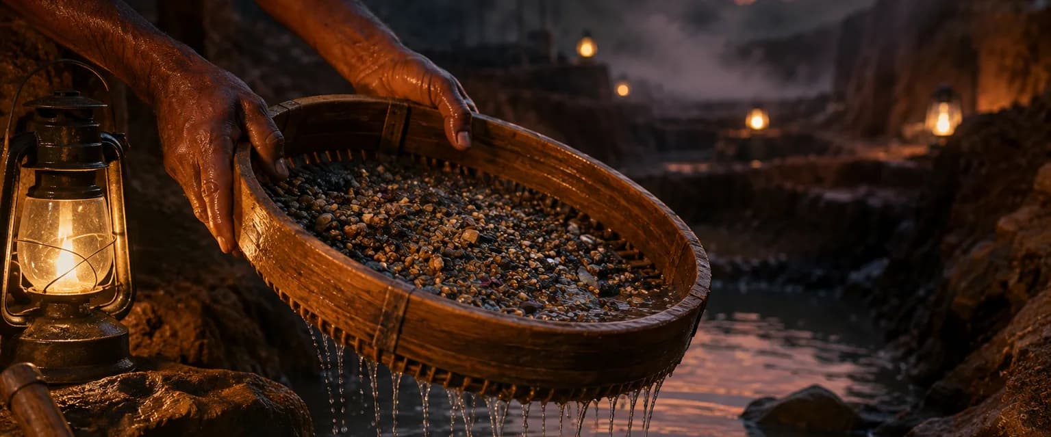 Traditional Sri Lankan gem mining: hands washing illam gravel in a wooden basket over water at dusk