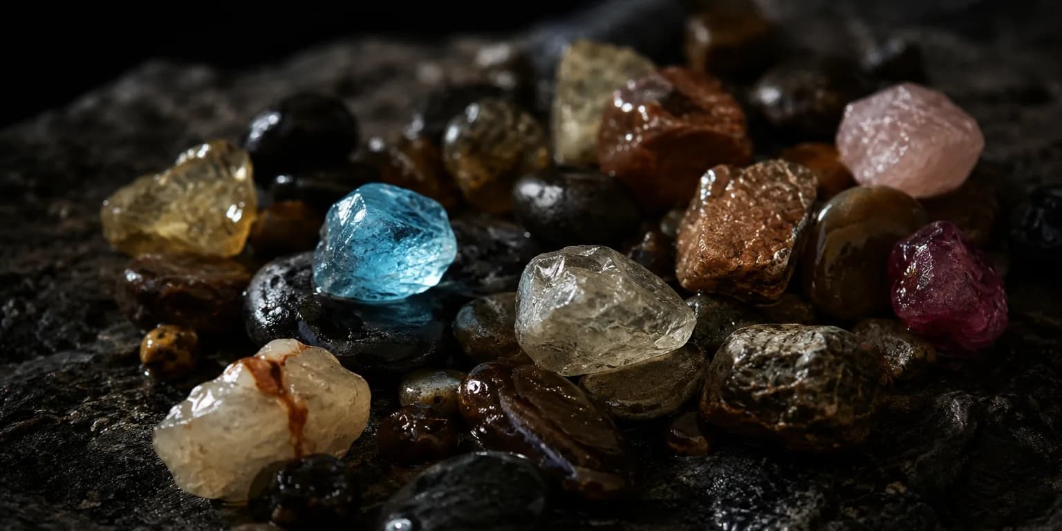 Wet rough gem crystals and water-worn pebbles on dark stone, one translucent blue crystal catching the light
