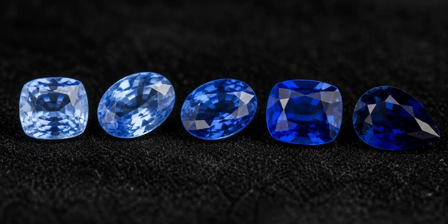 Ceylon sapphire colour range: five loose faceted blue sapphires from pale cornflower to deep royal blue on velvet