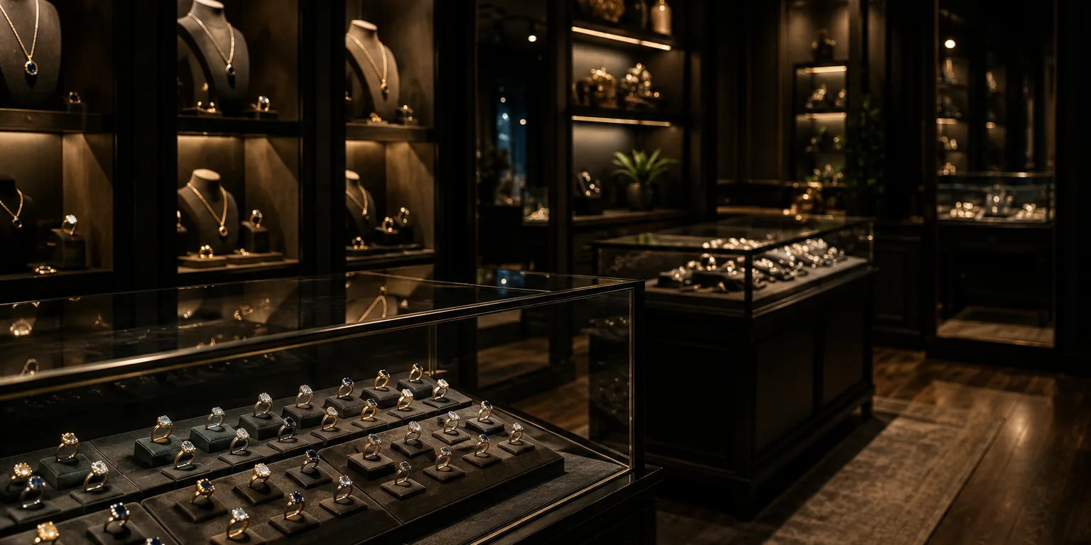 Dark jewellery shop interior with rows of rings in a glass counter case and lit necklace displays behind