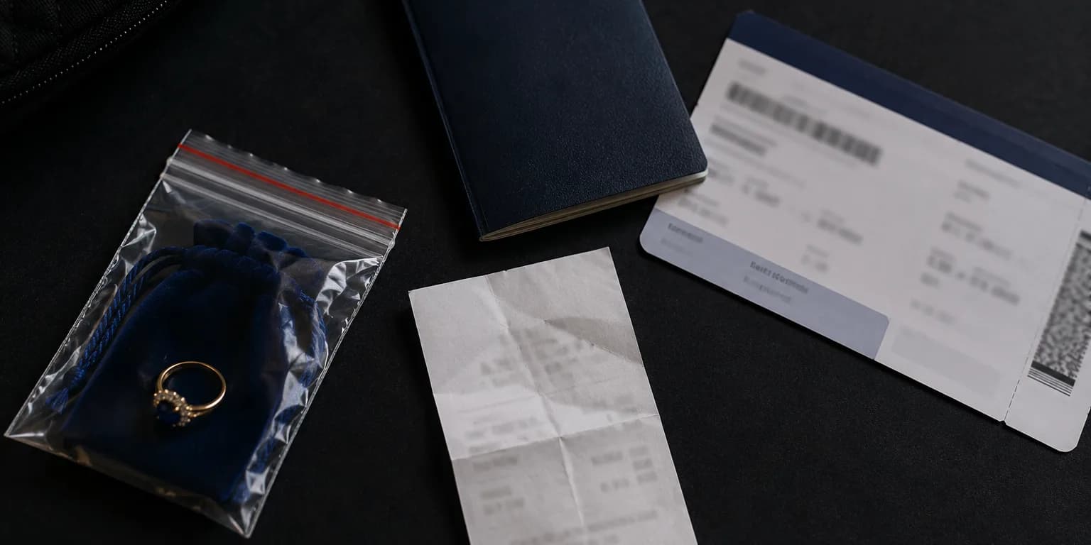 Traveller’s flat-lay on a dark surface: sealed bag with a velvet pouch and ring, plain passport, folded receipt and boarding pass with unreadable text