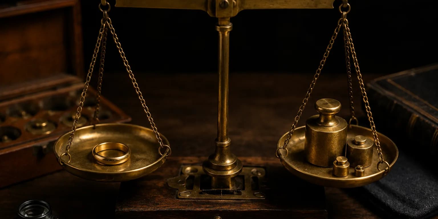 Brass balance scale weighing a plain gold ring against calibration weights on dark wood