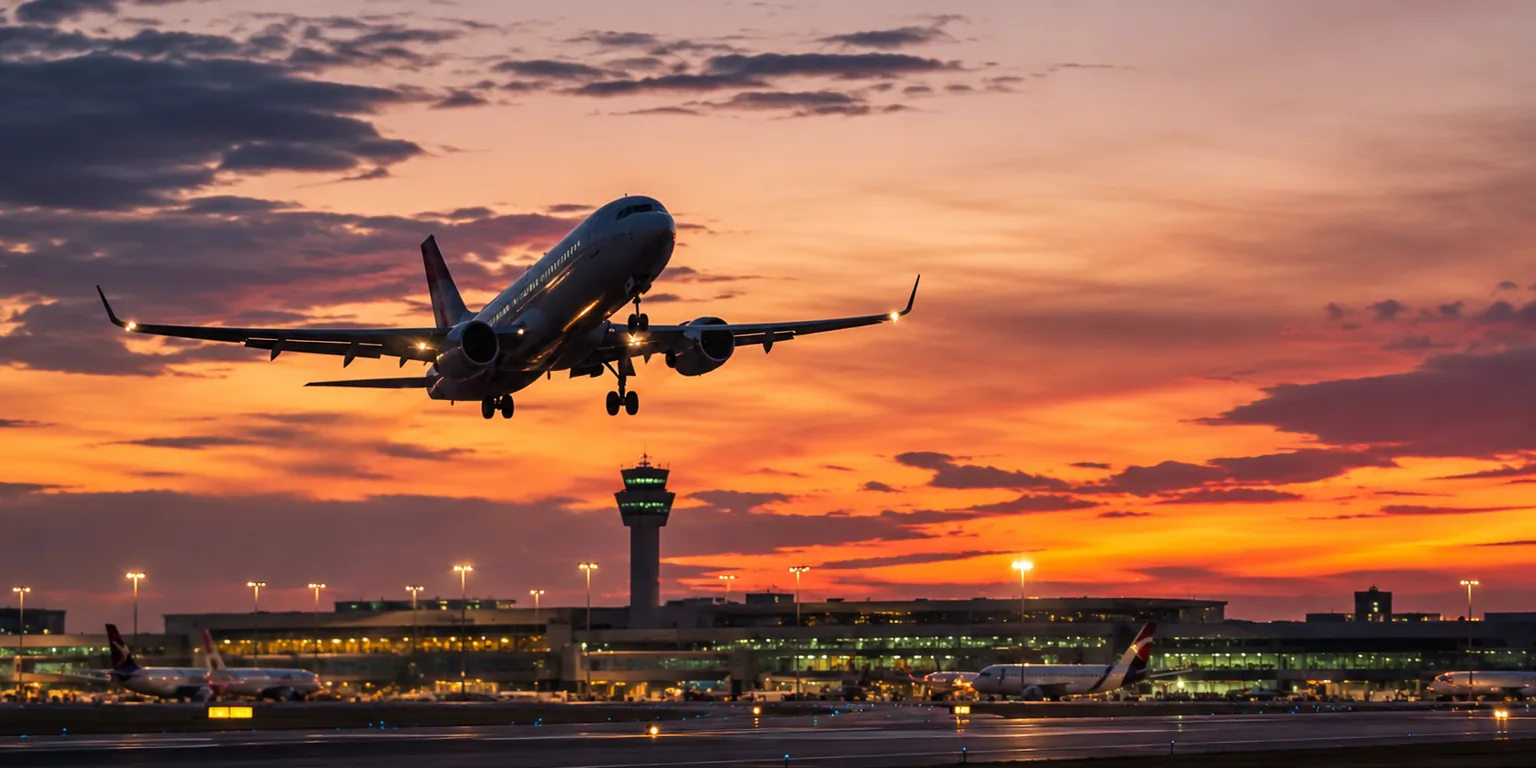 Passenger aircraft taking off at dusk with the airport terminal behind