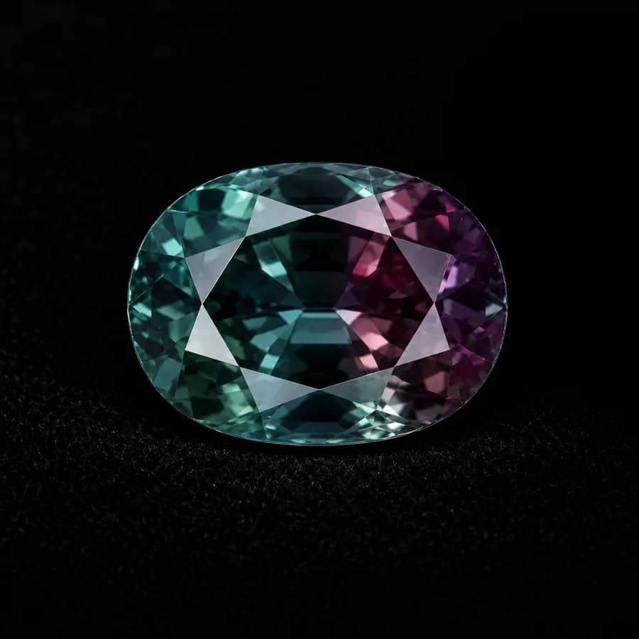 Oval alexandrite face-up showing bluish-green and purplish-red colour zones on black cloth