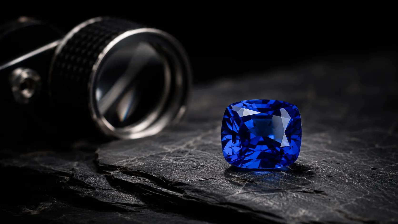 Deep royal-blue cushion-cut sapphire standing on dark slate with a jeweller’s loupe blurred in the background