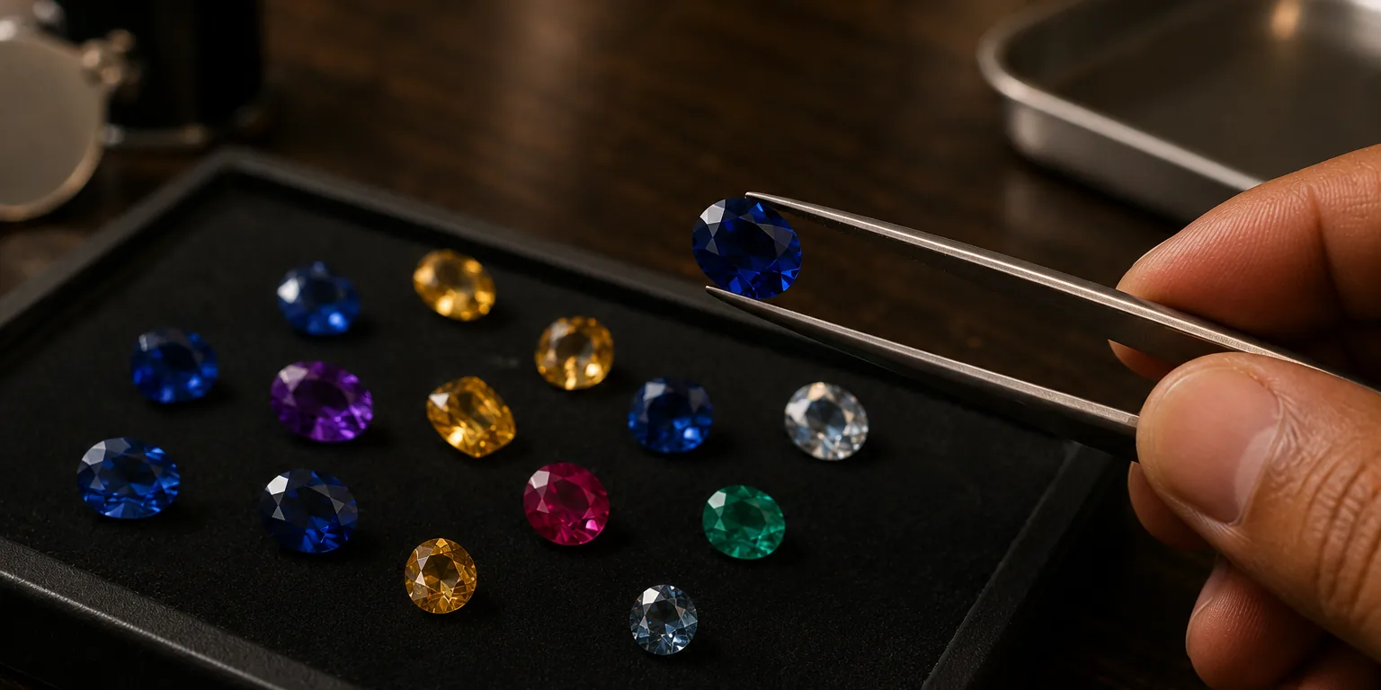 Tray of faceted coloured Sri Lankan gemstones with a blue sapphire lifted in tweezers