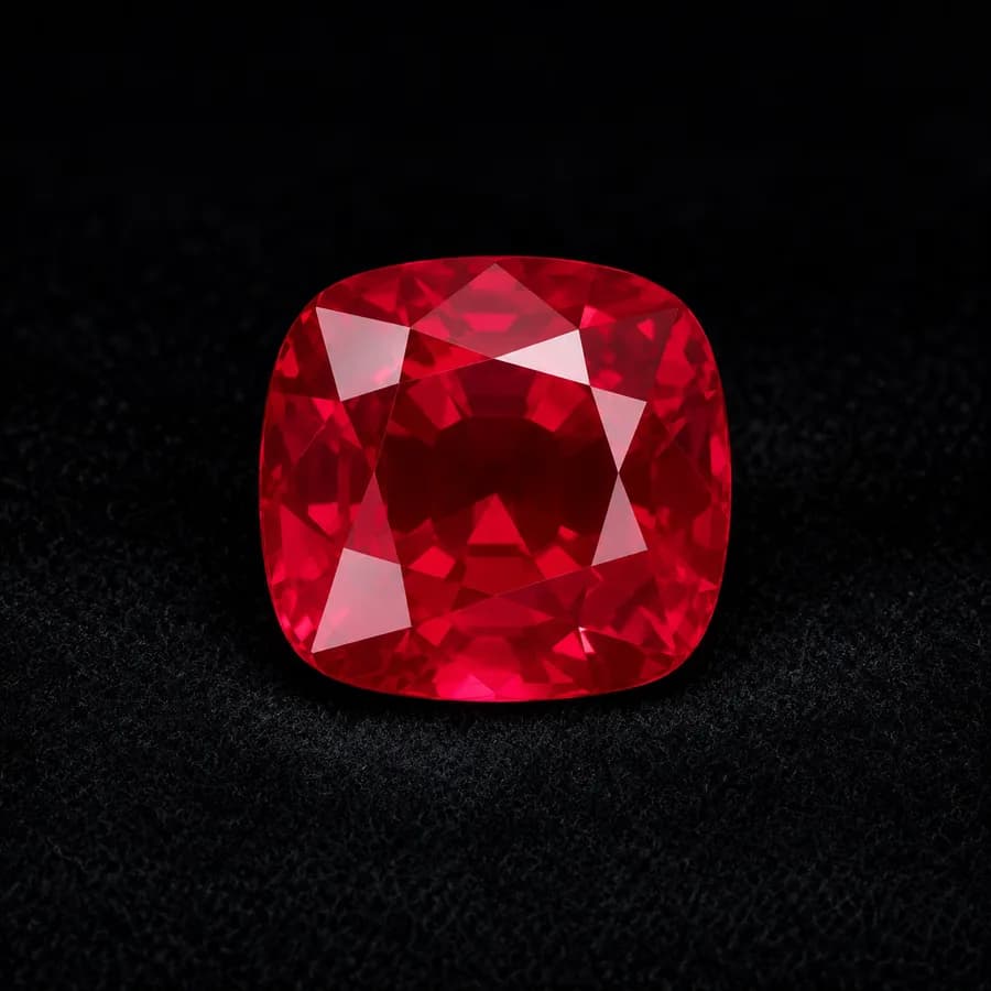 Vivid red cushion-cut ruby face-up on black cloth under a single light