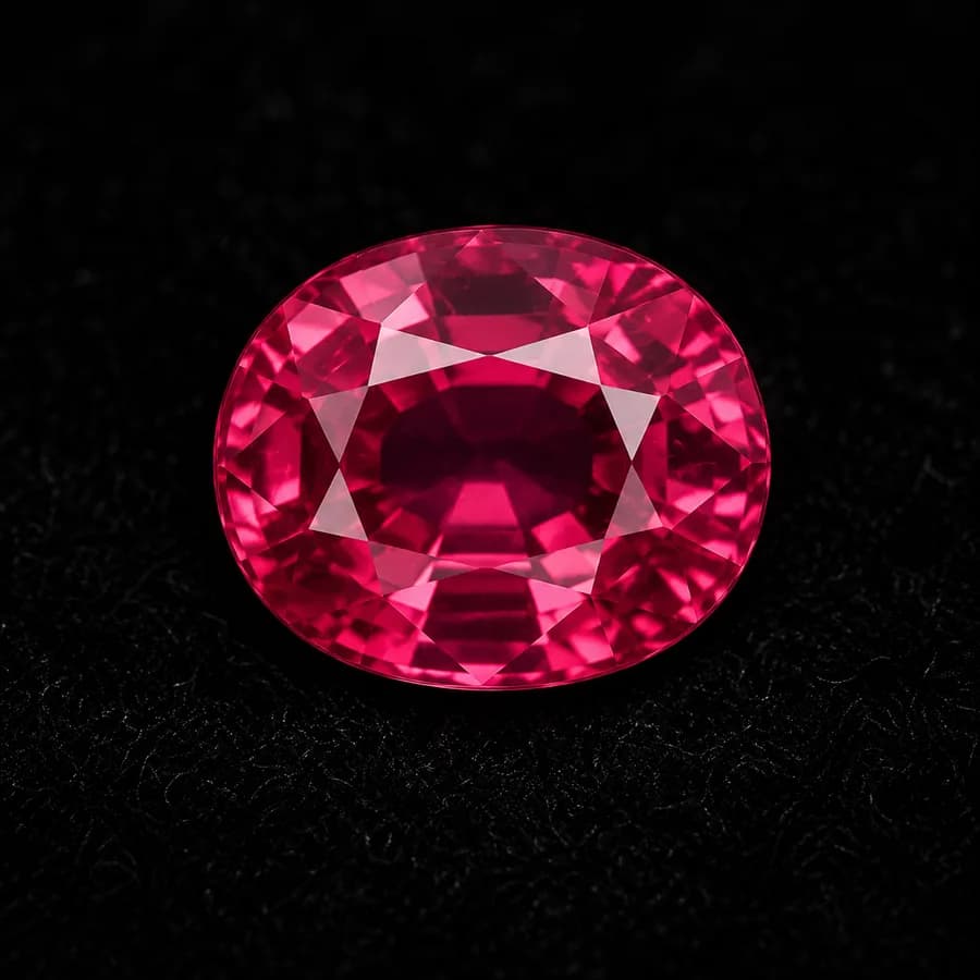 Oval pinkish-red spinel face-up on dark cloth