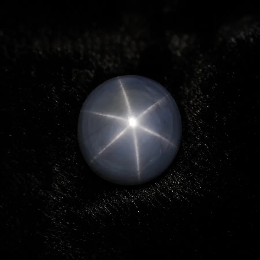 Greyish-blue star sapphire cabochon showing a sharp six-rayed star under a single light