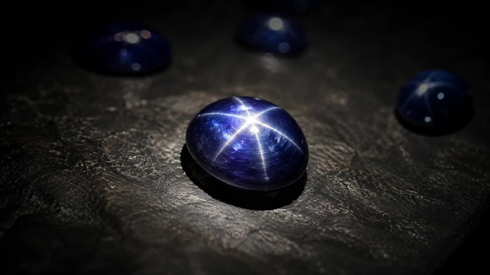Deep blue star sapphire cabochon with a bright six-rayed star, more star cabochons blurred around it on dark stone