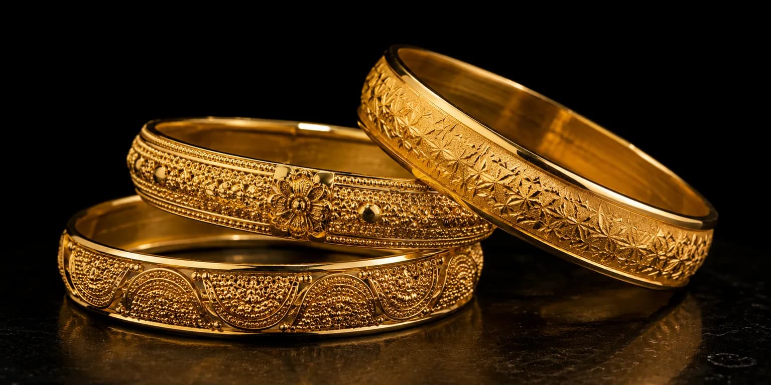 Three ornately worked gold bangles on a dark stone surface