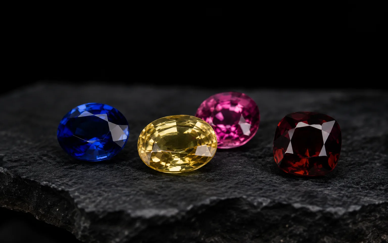 Faceted blue, yellow, pink and red gemstones on dark slate stone