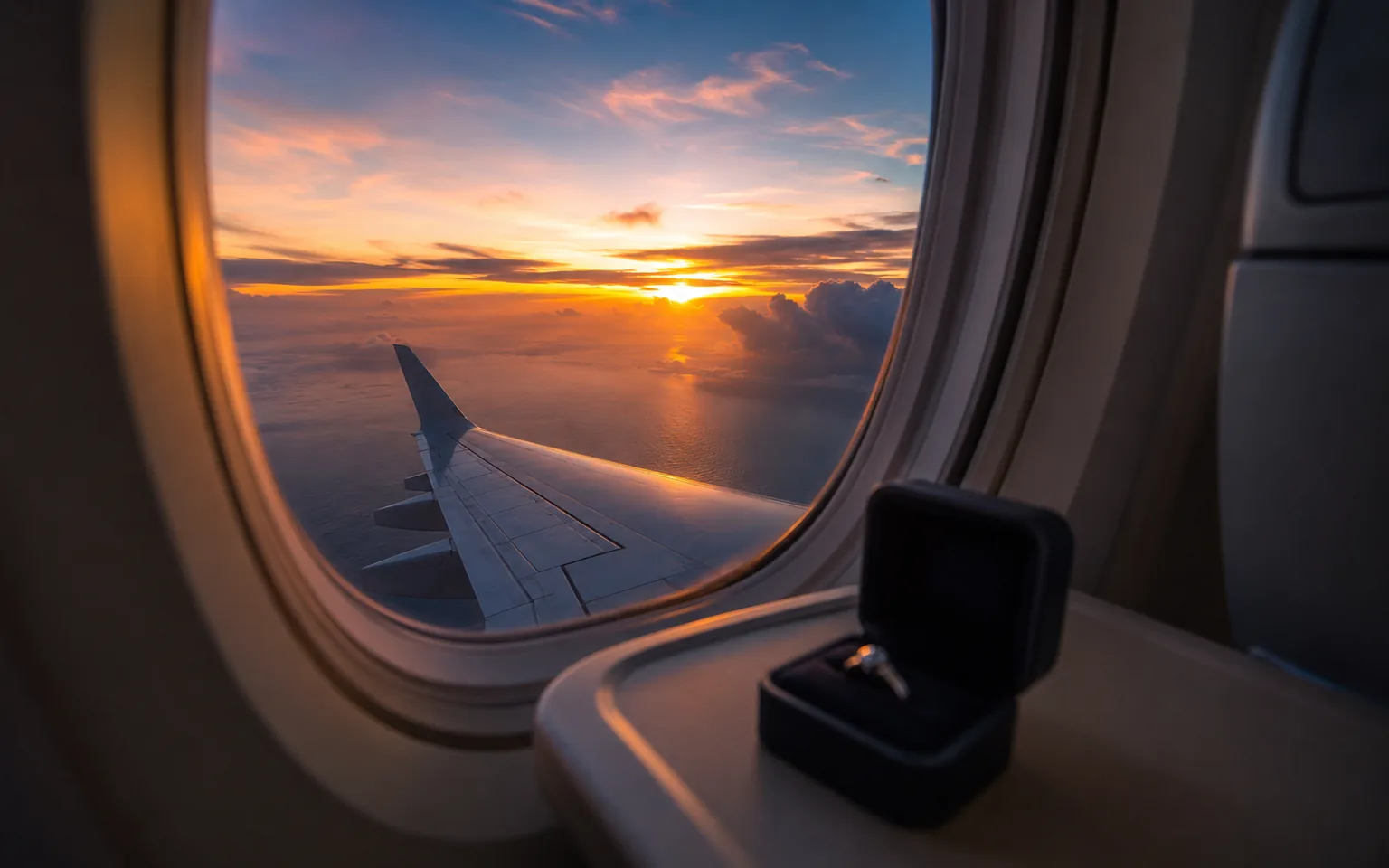 A ring box on an aircraft tray table beside a window at sunset over the ocean