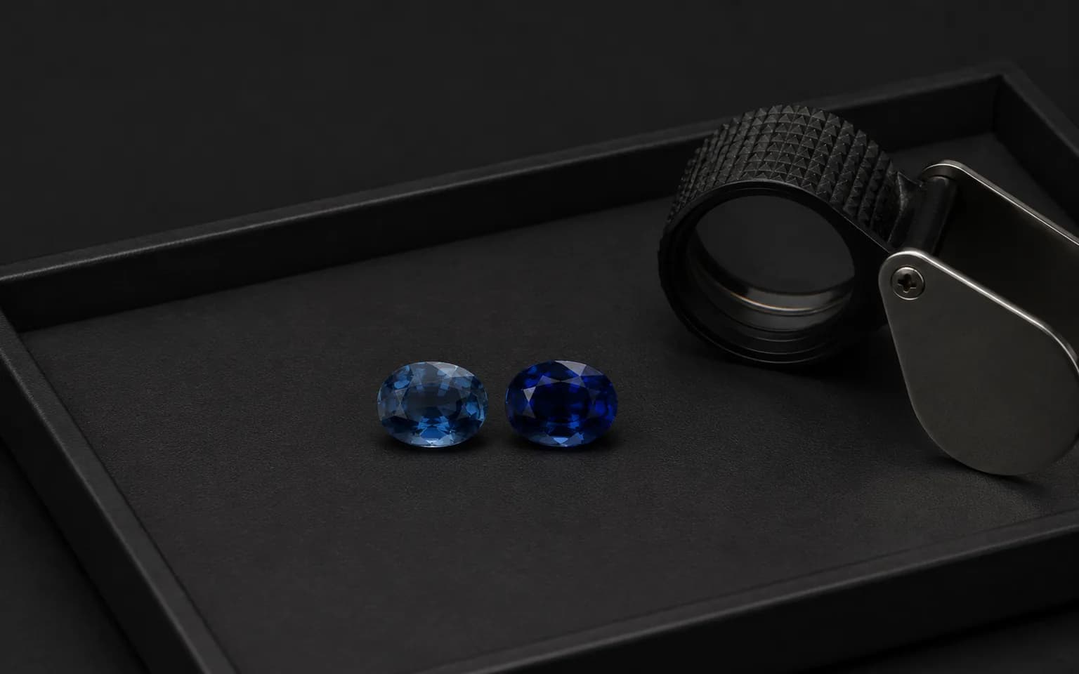 Two oval blue sapphires of different depth of colour beside a folded loupe on a dark tray
