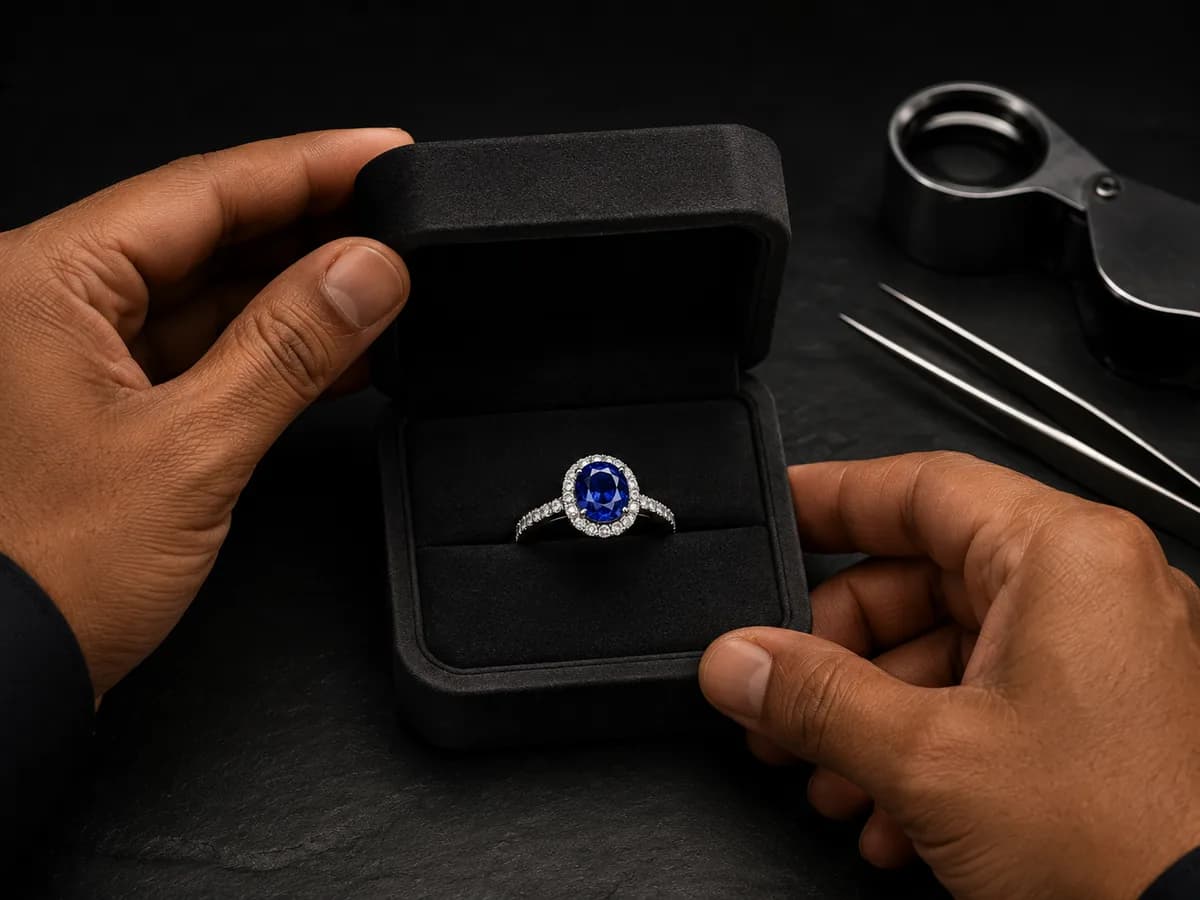 Hands opening a ring box containing a sapphire and diamond halo ring