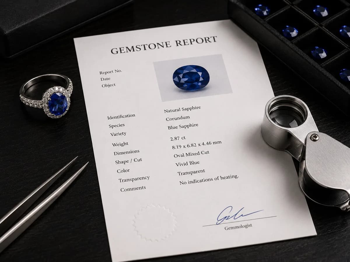Generic gemstone report beside a sapphire ring, loupe and tweezers on a dark desk